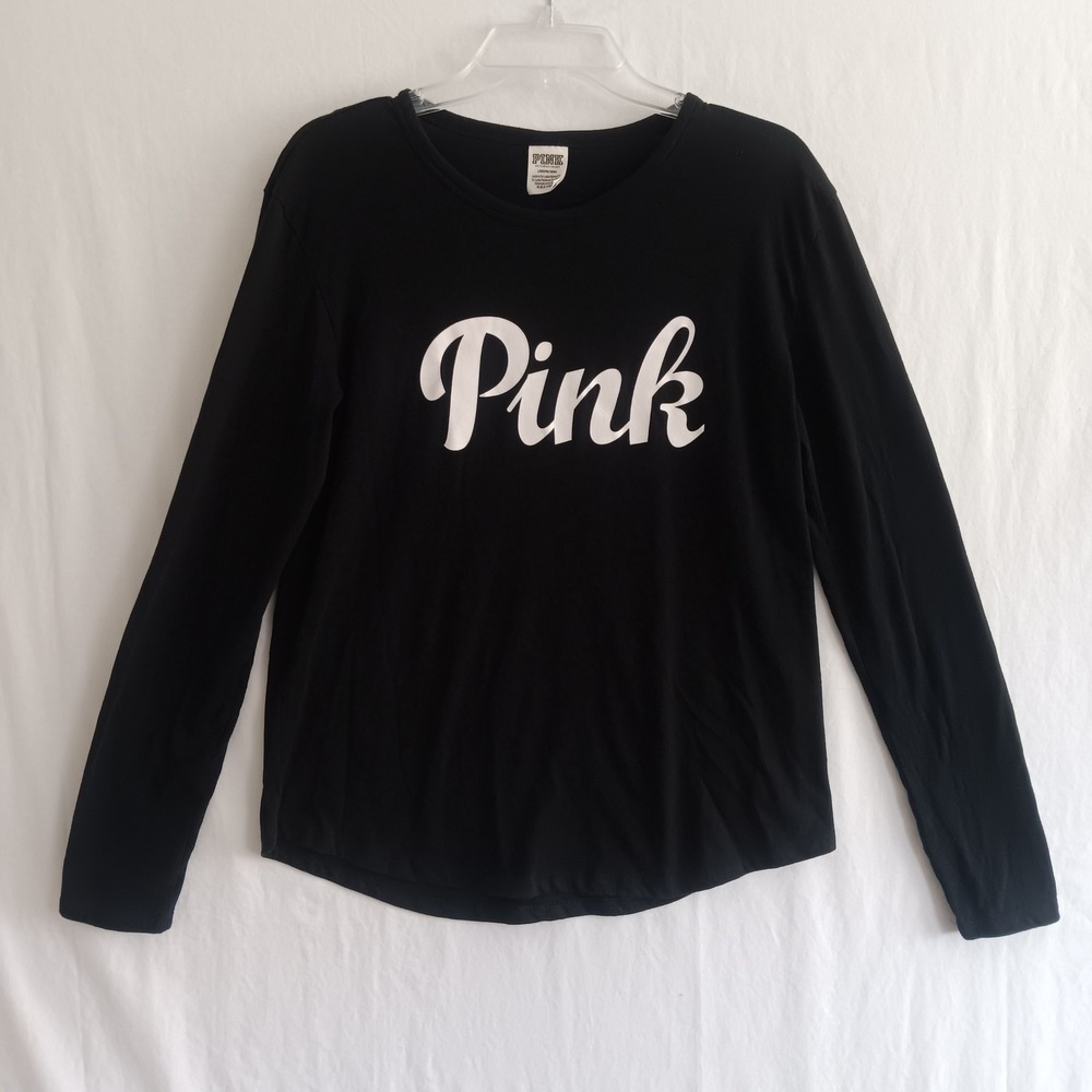 PINK Victoria's Secret Long Sleeve Tee Women L Black Excellent Script Logo Top